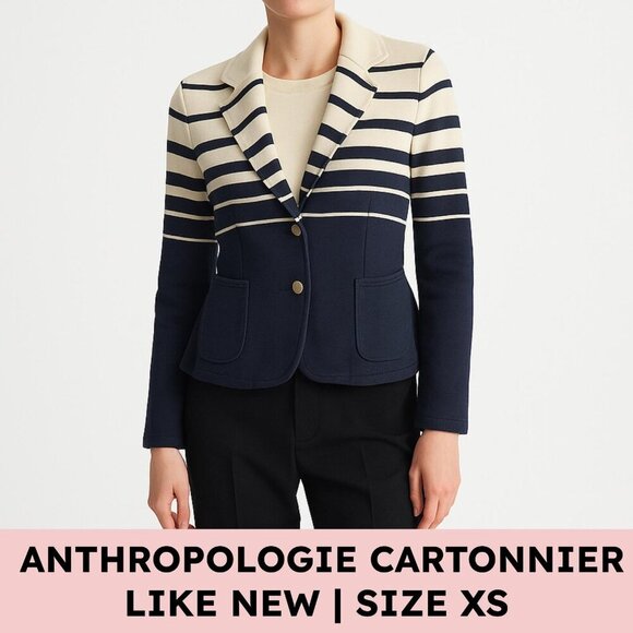 Anthropologie Cartonnier Striped Peplum Knit Blazer French Girl Nautical Navy XS - Picture 1 of 13